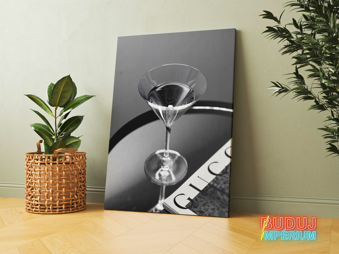 Luxury canvas wall art with a black and white cocktail and green plant, modern wall art for a living room.