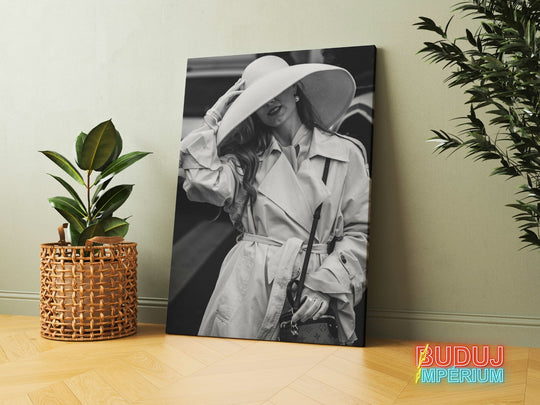 Luxury canvas print with a black and white portrait of a woman in an elegant hat with a luxury handbag