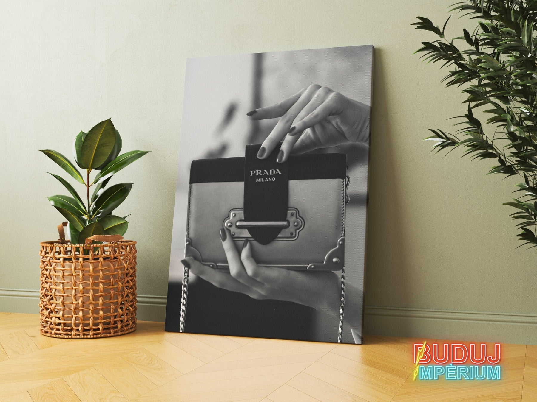 Motivational canvas print with a black and white photograph of a Prada handbag in a modern interior