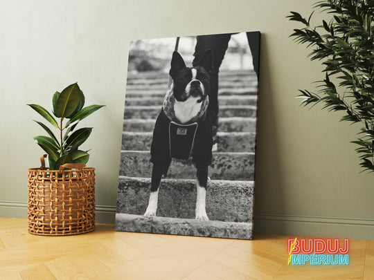 Motivational canvas wall art with a black and white bulldog on stairs leading to a modern office.