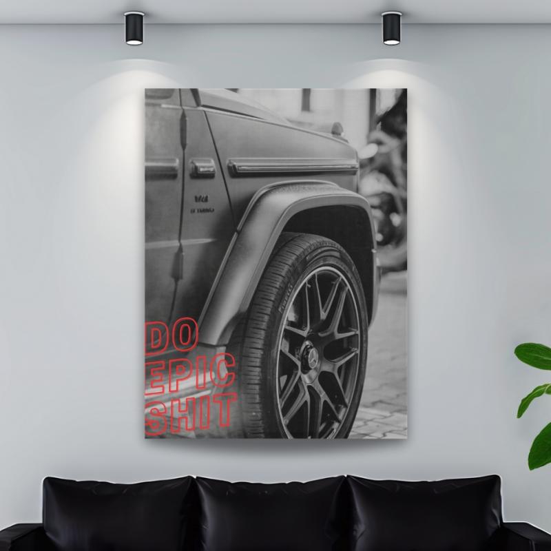 Black-and-white photo of a Mercedes G-Wagon wheel with “DO EPIC SHIT” text, motivational wall art by Mindset Walls.