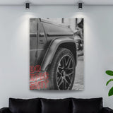 Black-and-white photo of a Mercedes G-Wagon wheel with “DO EPIC SHIT” text, motivational wall art by Mindset Walls.