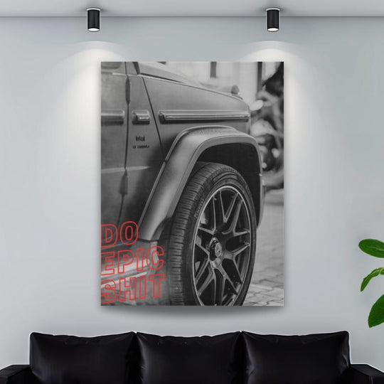 Black-and-white photo of a Mercedes G-Wagon wheel with “DO EPIC SHIT” text, motivational wall art by Mindset Walls.
