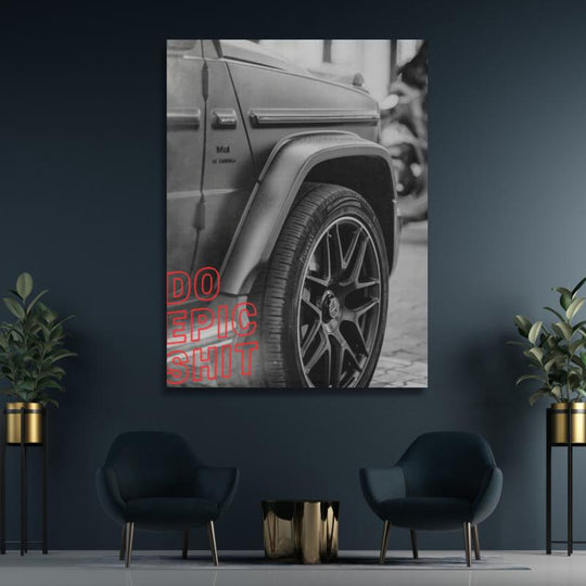 Motivational canvas wall art for a home office with a luxury SUV wheel detail and red DO EPIC SHIT text.