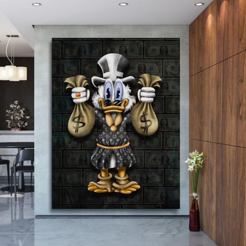 Pop art wall art with Scrooge McDuck in a luxury suit holding money bags on a dollar background.