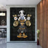 Pop art wall art with Scrooge McDuck in a luxury suit holding money bags on a dollar background.