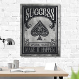 Industrial-style office motivational wall art with a spade symbol and “SUCCESS, Work Hard, Make It Happen” text.