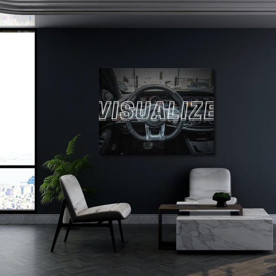 Motivational wall art with a luxury car interior and VISUALIZE text in a modern office.