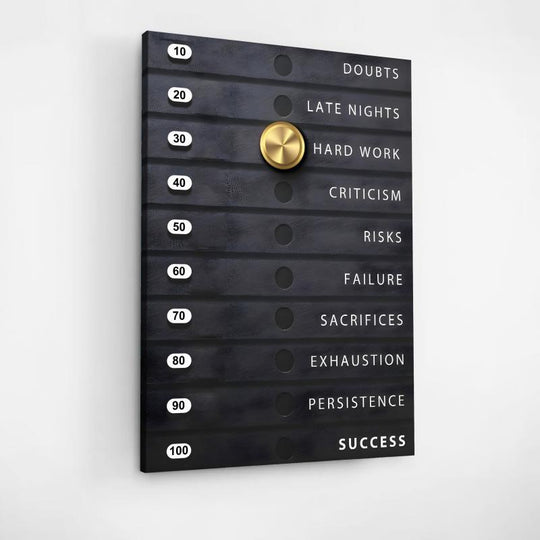 Motivational canvas wall art with black stripes and a gold dial set to hard work, symbolizing the path to success.