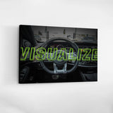 Motivational wall art with a luxury car interior and green "VISUALIZE" text