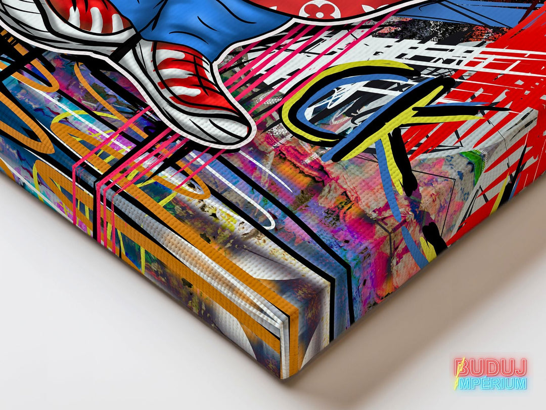 Corner detail of pop art canvas wall art with a red sneaker and bold colorful texture.