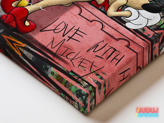 Corner detail of pop art canvas wall art with Mickey and Minnie, graffiti motifs and a bold canvas texture.