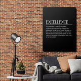 Excellence motivational canvas wall art above a sofa and lamp beside a brick wall