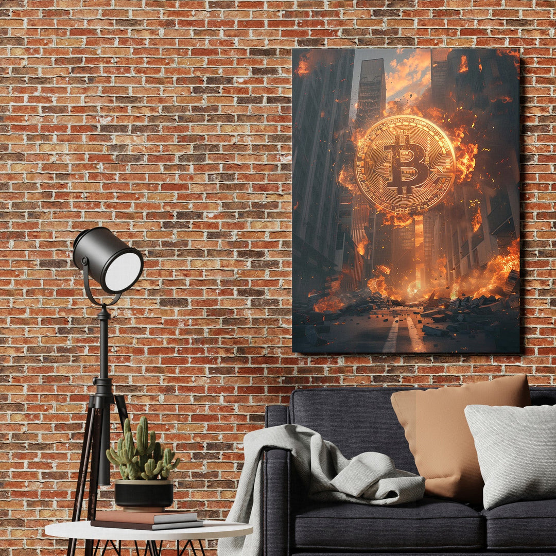 Motivational wall art with burning Bitcoin in a city alley, modern crypto art in an interior