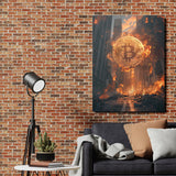 Motivational wall art with burning Bitcoin in a city alley, modern crypto art in an interior