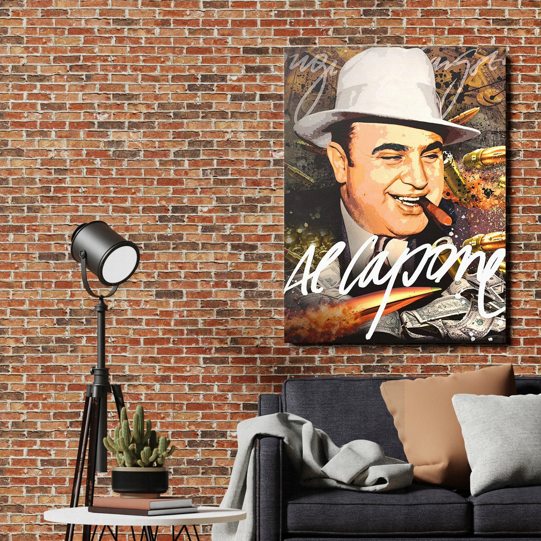Motivational canvas print with an Al Capone pop art portrait, dollar bills and bullets on a brick wall