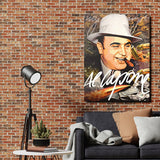 Motivational canvas print with an Al Capone pop art portrait, dollar bills and bullets on a brick wall