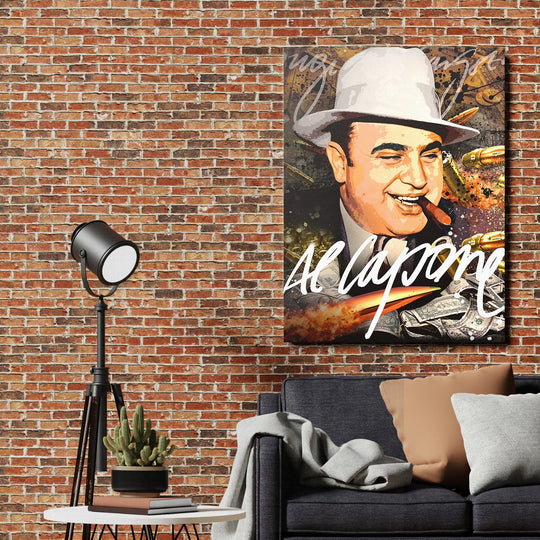 Motivational canvas print with an Al Capone pop art portrait, dollar bills and bullets on a brick wall