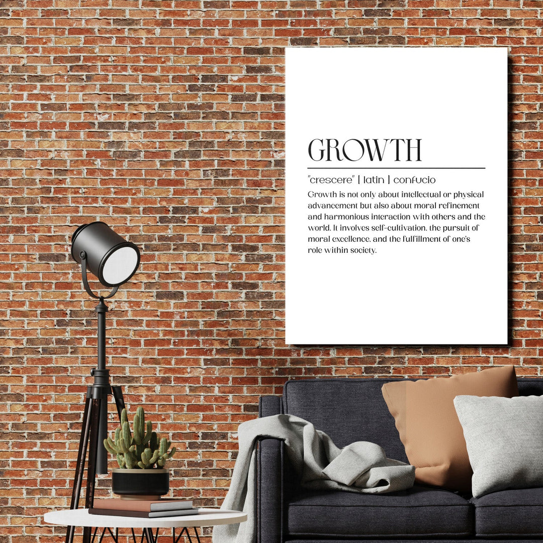 GROWTH motivational canvas wall art with the Latin word crescere on a brick wall in a modern living room