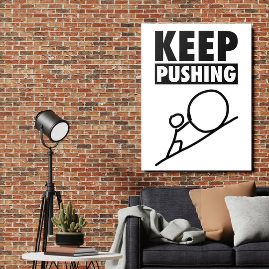 KEEP PUSHING motivational wall art with a minimalist drawing of a figure pushing a boulder