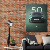 Motivational wall art with a green Mustang in an industrial living room, automotive lifestyle theme