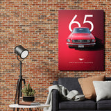 Motivational canvas wall art with a red 1965 Ford Mustang on a brick wall in an industrial living room