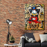 Motivational pop art wall art with Scrooge McDuck surrounded by dollars and graffiti in a living room