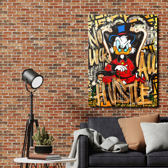 Motivational pop art wall art with Scrooge McDuck surrounded by dollars and graffiti in a living room