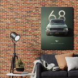Motivational wall art with a retro 1968 Ford Mustang in an industrial living room, vintage car decor