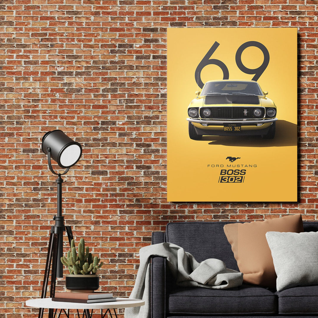 Motivational wall art with a retro Ford Mustang Boss 302 number 69 in front of a brick wall