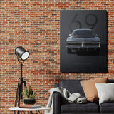 Motivational canvas wall art with a dark Dodge Charger R/T and number 69 hanging above a sofa on a brick wall