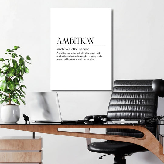 Motivational wall art with a Latin “Ambition” quote in a modern office, minimalist black and white design