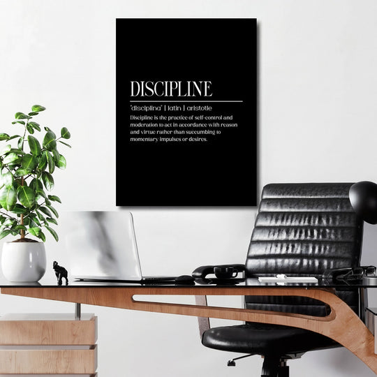 DISCIPLINE black and white motivational wall art in a minimalist office design