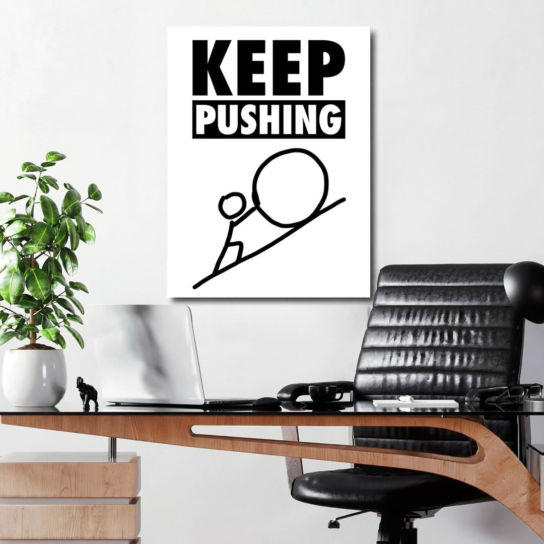 KEEP PUSHING motivational canvas wall art for a study, with black and white minimalist artwork of a pushing figure