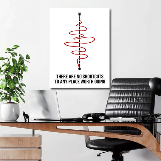 Motivational office wall art with a minimalist red zigzag pattern and a quote about no shortcuts