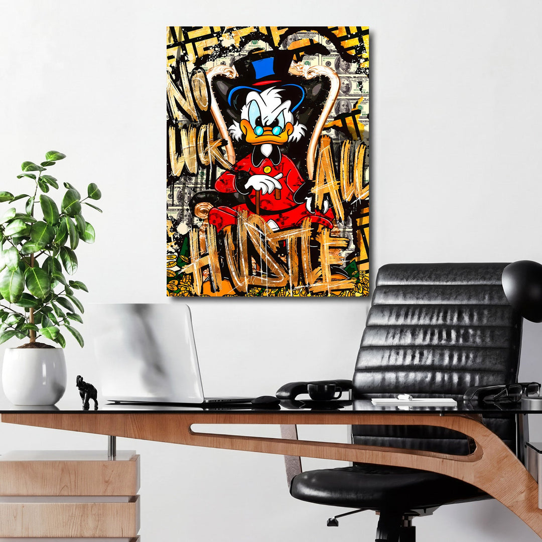 Motivational pop art wall art of Scrooge McDuck with money graffiti above a luxury chair in a modern study