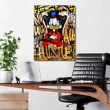 Motivational pop art wall art of Scrooge McDuck with money graffiti above a luxury chair in a modern study