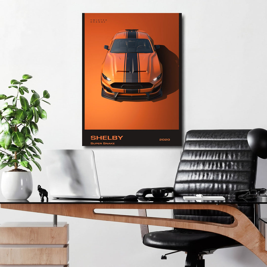Motivational canvas wall art for an office with an orange 2020 Shelby Super Snake and performance details