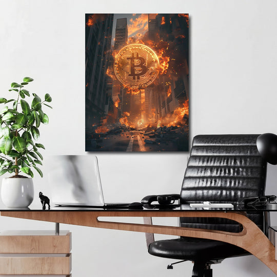 Motivational wall art with burning Bitcoin above ruined city skyscrapers, cryptocurrency and the collapse of the financial system