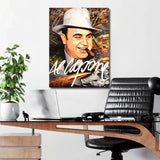 Motivational pop art canvas print with a gangster, money and bullets above a modern office desk