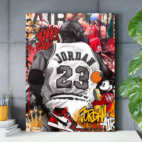 Pop art motivational wall art with Michael Jordan, Air Jordan sneakers and Mickey Mouse in an interior.