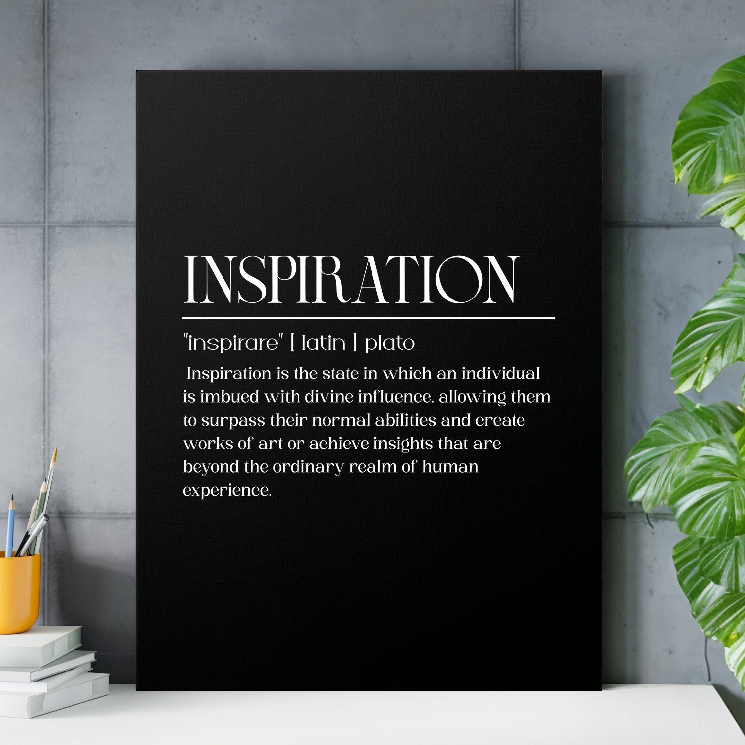 Inspiration definition motivational canvas print in a minimalist typographic design, front view
