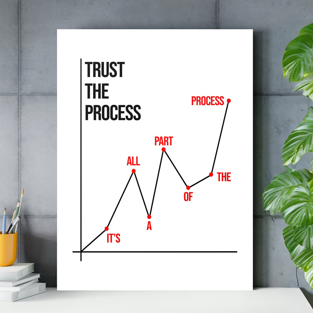 Motivational wall art for a study with a minimalist chart, red dots and the quote “Trust the process”