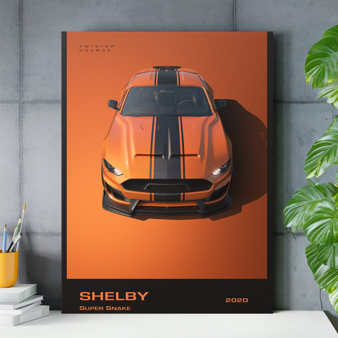 Motivational canvas wall art with a 2020 Shelby Super Snake in an office, luxury orange sports car lifestyle scene