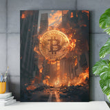 Motivational canvas print with burning Bitcoin above city ruins in an industrial office