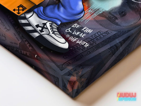Corner detail of motivational canvas wall art with a pop art Off-White sneaker and a dollar bill pattern.
