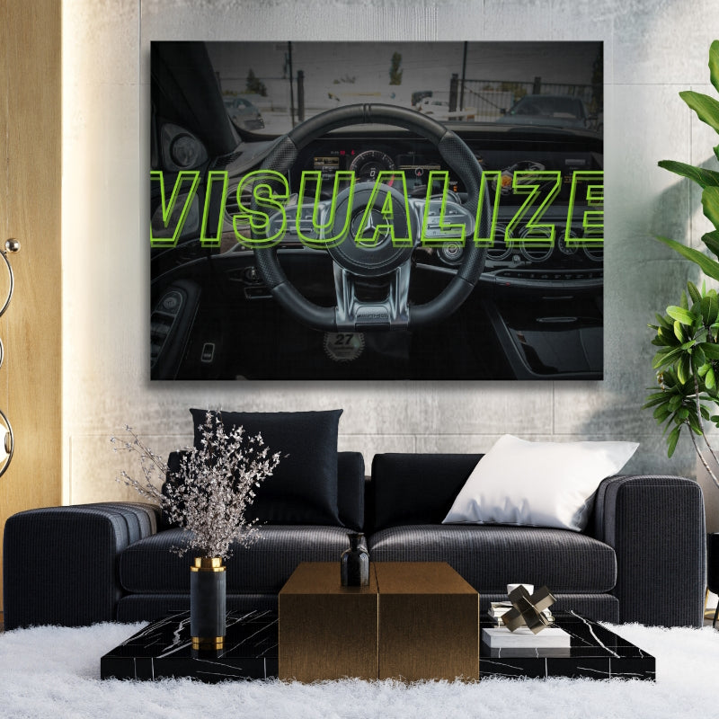 Luxury wall art with a sports car steering wheel and neon "Visualize" text in a modern living room