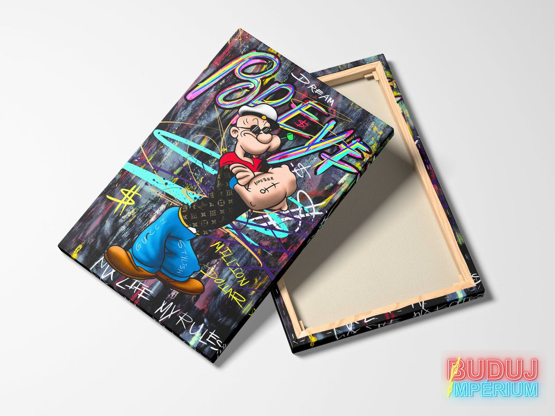 Popeye pop art motivational wall art with a luxury money graffiti motif, modern wall decor.