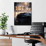 Luxury canvas print with a black Lamborghini in front of a Dior boutique and a motivational quote in a minimalist office