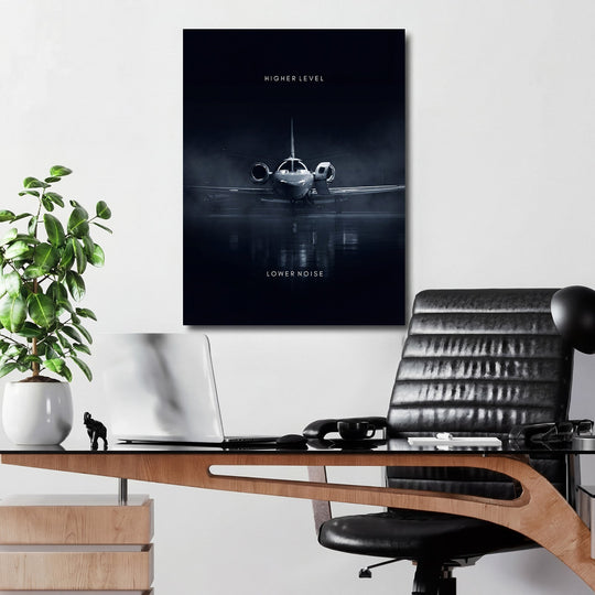 Motivational canvas print with a luxury jet on a dark runway, minimalist office decor